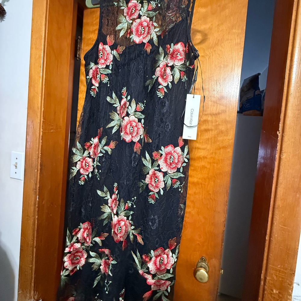 Calvin Klein Black Dress with Red Floral Design